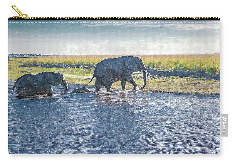 Elephants Zip Pouch featuring the photograph Safe Crossing by Marcy Wielfaert