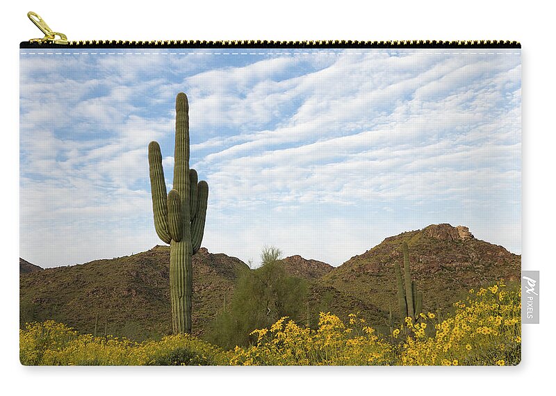 Saguaro Cactus Zip Pouch featuring the photograph Saguaro And Wildflowers by Dustypixel