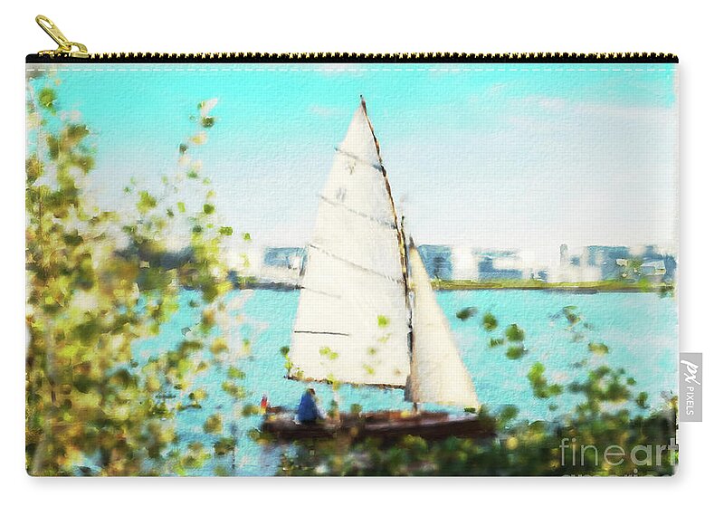 Sailboat On The River Watercolor By Marina Usmanskaya Zip Pouch featuring the mixed media Sailboat on the river watercolor by Marina Usmanskaya