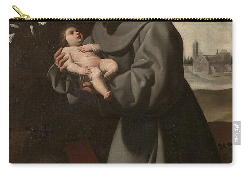 Francisco De Zurbaran Zip Pouch featuring the painting 'Saint Anthony of Padua with the Infant Christ'. 1635 - 1650. Oil on canvas. by Francisco de Zurbaran -c 1598-1664-