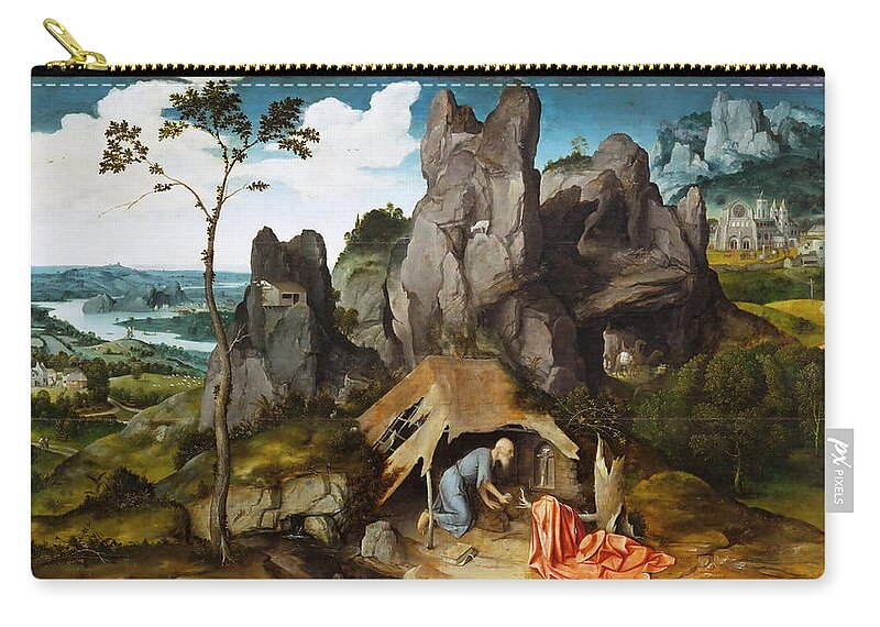 Joachim Patinir Zip Pouch featuring the painting Saint Jerome in the Desert by Joachim Patinir