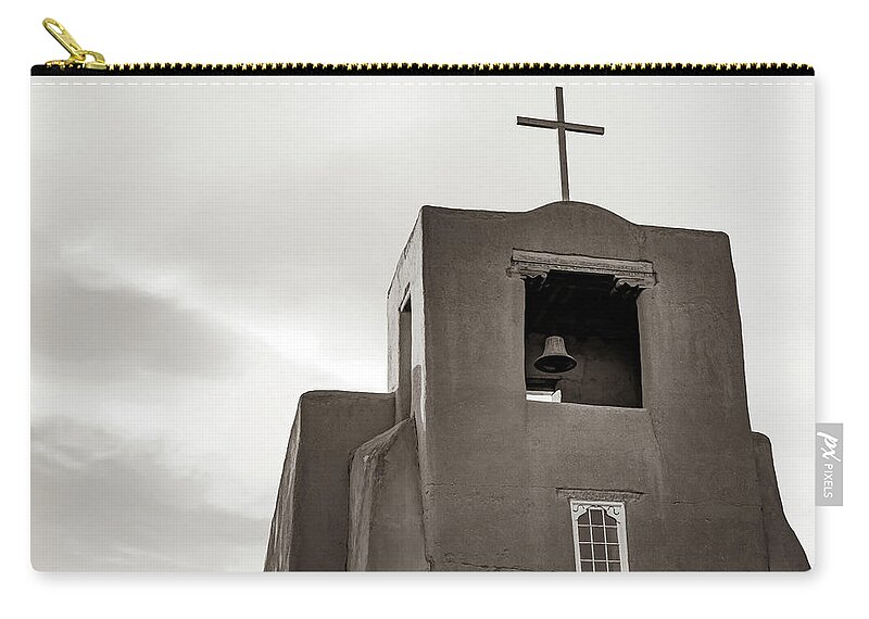 America Zip Pouch featuring the photograph San Miguel Mission Chapel - Santa Fe New Mexico in Classic Sepia by Gregory Ballos