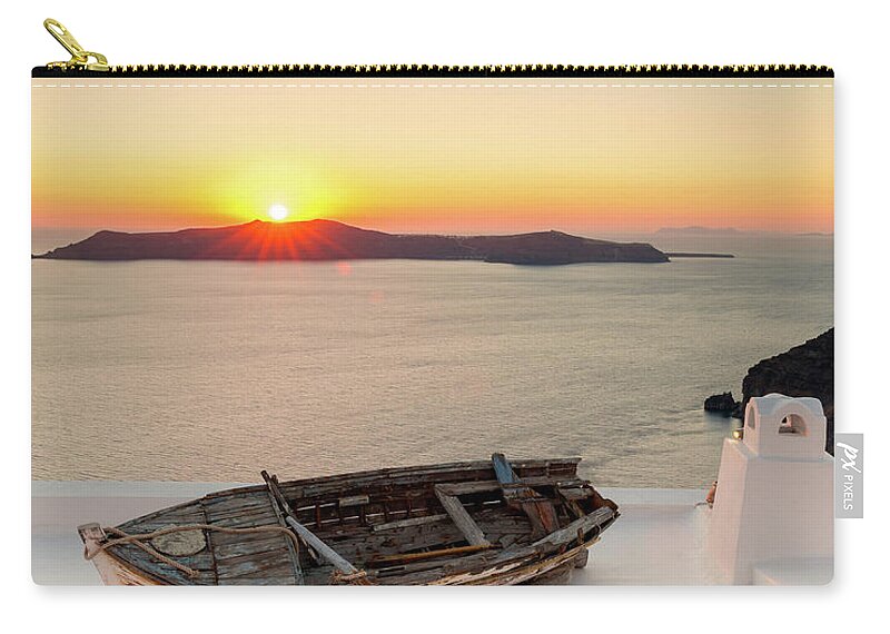 Greek Culture Zip Pouch featuring the photograph Santorini Old Boat Sunset, Greece by Chrishepburn