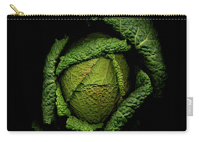 Black Background Zip Pouch featuring the photograph Savoy Cabbage Against Black Background by Mike Hill