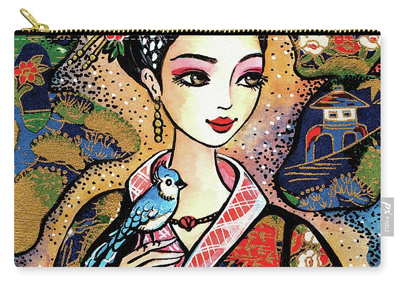 Woman And Bird Carry-all Pouch featuring the painting Sayuri by Eva Campbell
