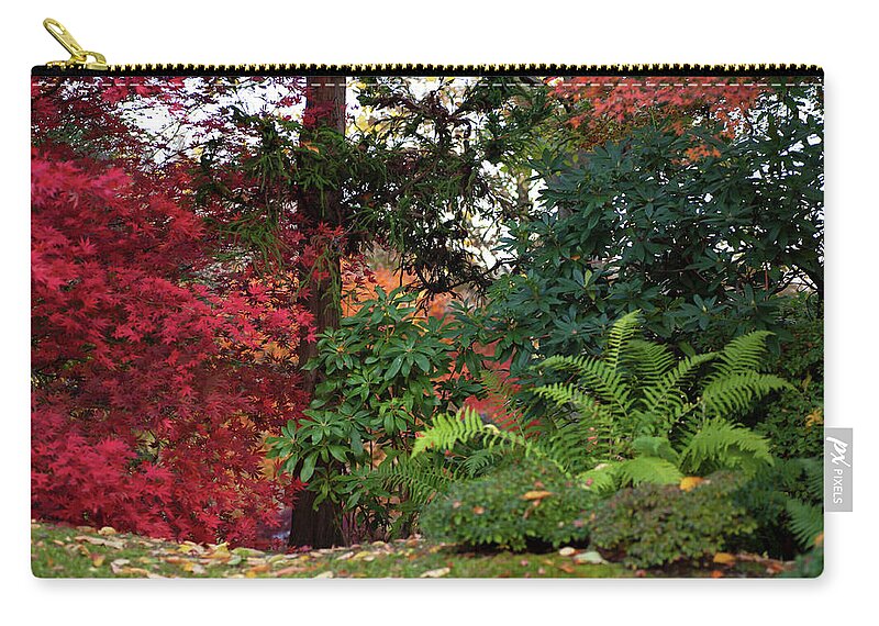 Jenny Rainbow Fine Art Photography Zip Pouch featuring the photograph Scarlet Red and Emerald Green in Japanese Garden by Jenny Rainbow