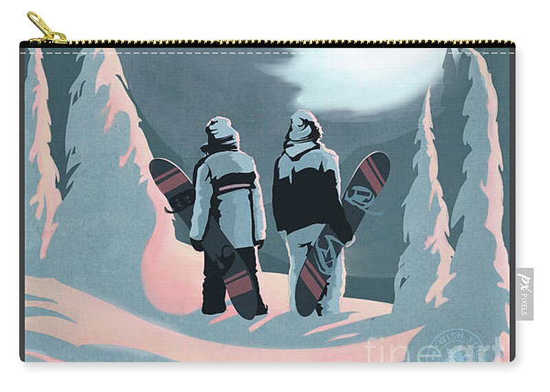 Snowboarder Carry-all Pouch featuring the painting Scenic Vista Snowboarders by Sassan Filsoof