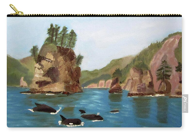 Alaska Zip Pouch featuring the painting Sea Stacks and Orcas by Linda Feinberg