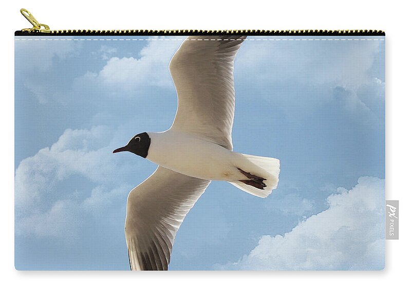 Animal Themes Zip Pouch featuring the photograph Seagull Flies Alone Under Blue Sky And by Margarete Nazarczuk