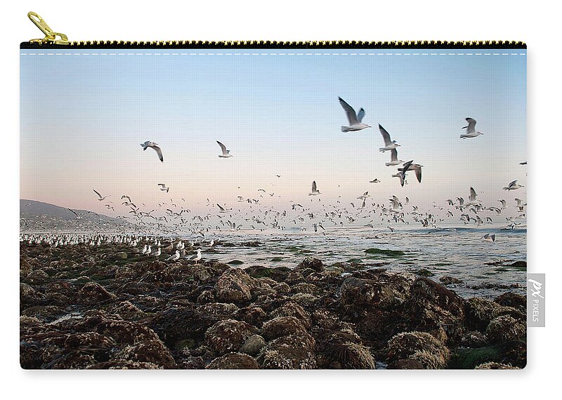 Seascape Zip Pouch featuring the photograph Seagulls Flying Over Rocky Beach by Max Bailen