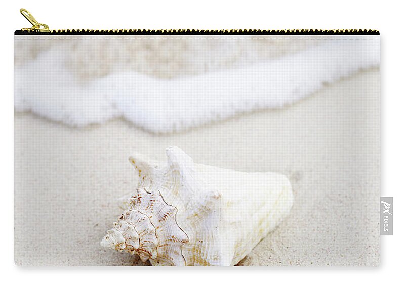 Water's Edge Zip Pouch featuring the photograph Seashell At Waters Edge On Tropical by Thomas Barwick