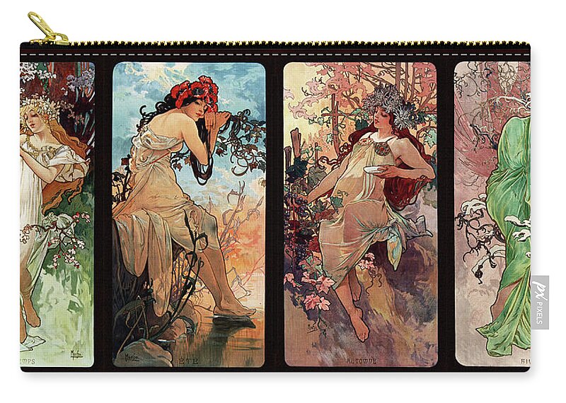 Seasons Carry-all Pouch featuring the painting Seasons by Alphonse Mucha by Rolando Burbon