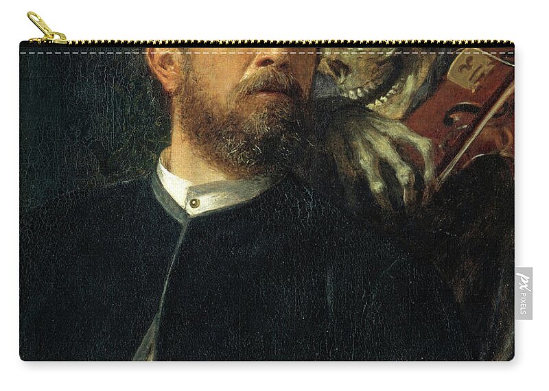 Arnold Bocklin Zip Pouch featuring the painting Self-Portrait with Death Playing the Fiddle, 1872 by Arnold Bocklin