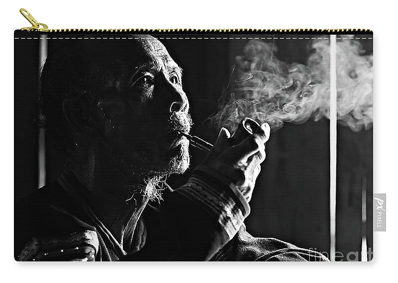 Asian And Indian Ethnicities Zip Pouch featuring the photograph Senior Man Smoking Pipe, Vietnam by Tran Anh Linh