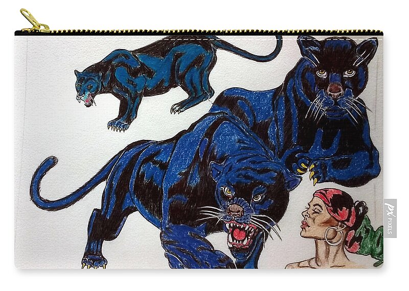 Black Art Carry-all Pouch featuring the drawing Serenade of the Black Panther by Joedee