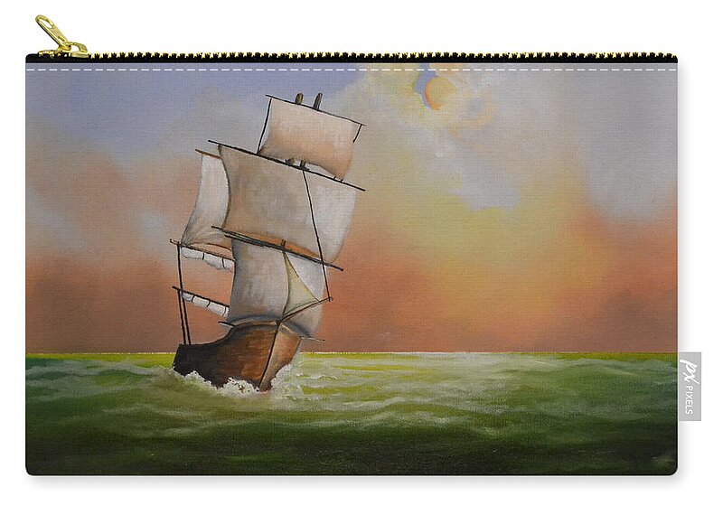 This Is An Oil Painting Of A Sailing Ship On The Ocean. The Ocean Is Calm With Small Waves Breaking On The Ship's Hull. The Sun Is Attempting To Break Out Of The Clouds. The Sun Light Is Being Reflected Off Of The Waves. The Ship Has Most Of It's Sails Opened Up For The Wind.i Created Some Low Hanging Clouds On The Horizon. The Ship Is Made Of Wood And I Detailed The Hull To Expose The Wooden Planks. This Sailing Ship Is From The 1800's. The Painting Is A Great Gift. Carry-all Pouch featuring the painting Setting Sail by Martin Schmidt