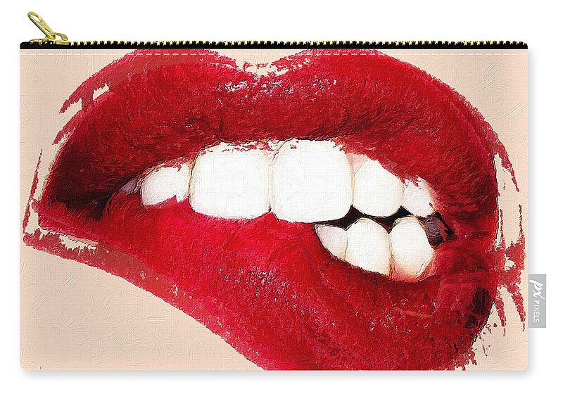 Metal Zip Pouch featuring the painting Sexy Lip Bite Mouth Lipstick by Tony Rubino