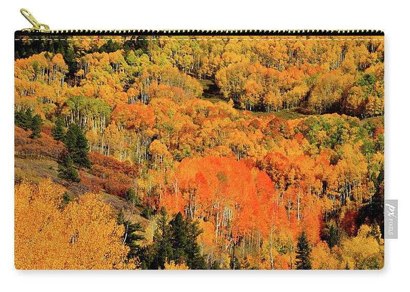 Last Dollar Road Zip Pouch featuring the photograph Shadow Comes over Sunlit Fall Color along Last Dollar Road by Ray Mathis
