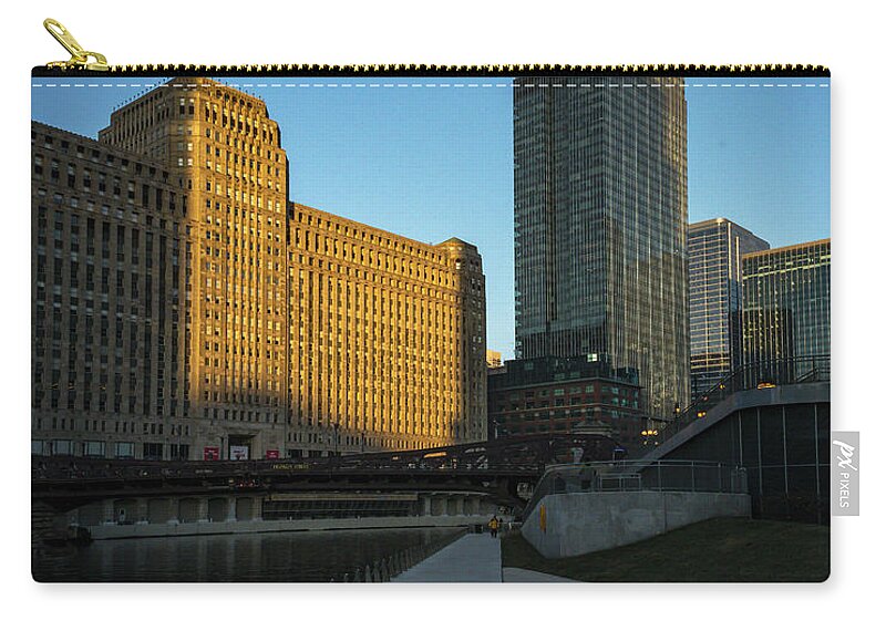 Chicago Riverwalk Merchandise Mart Zip Pouch featuring the photograph Shadows of the City by Laura Hedien