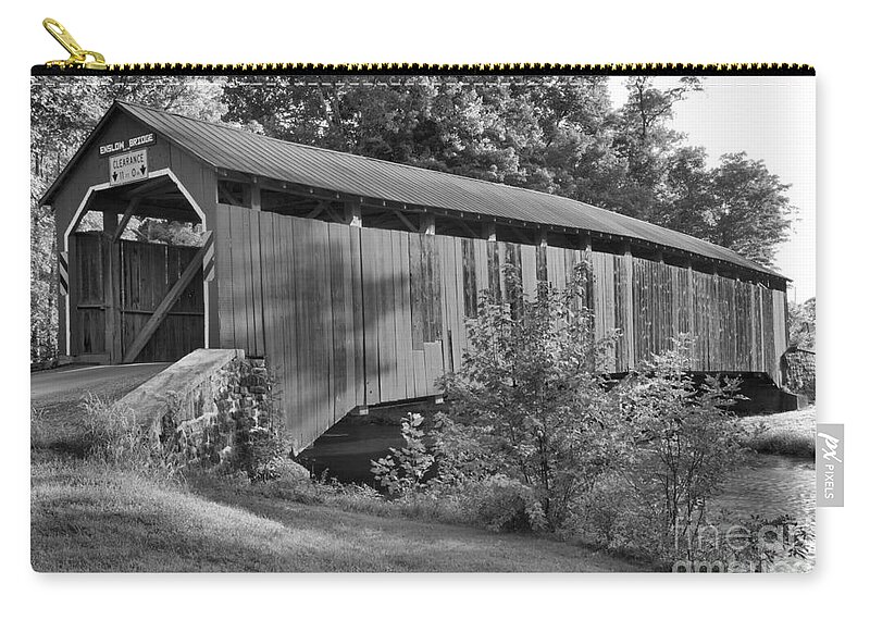 Enslow Zip Pouch featuring the photograph Sherman Creek Enslow Covered Bridge Black And White by Adam Jewell