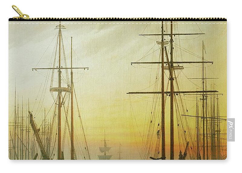 Caspar David Friedrich Zip Pouch featuring the painting Ships in the harbour. Oil on canvas. by Caspar David Friedrich -1774-1840-