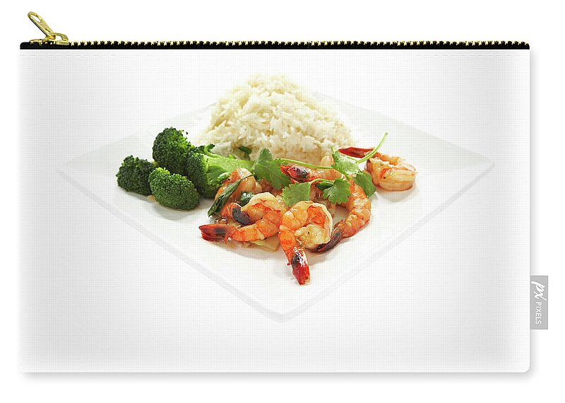 Broccoli Zip Pouch featuring the photograph Shrimp Stir Fry On Plate On White by Thomas Northcut