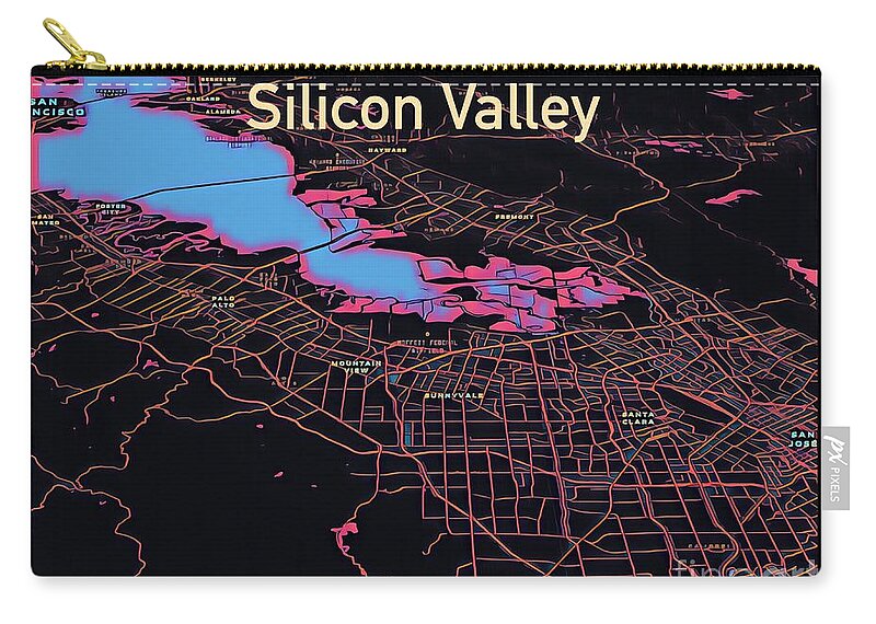 Silicon Valley Zip Pouch featuring the digital art Silicon Valley Map by HELGE Art Gallery