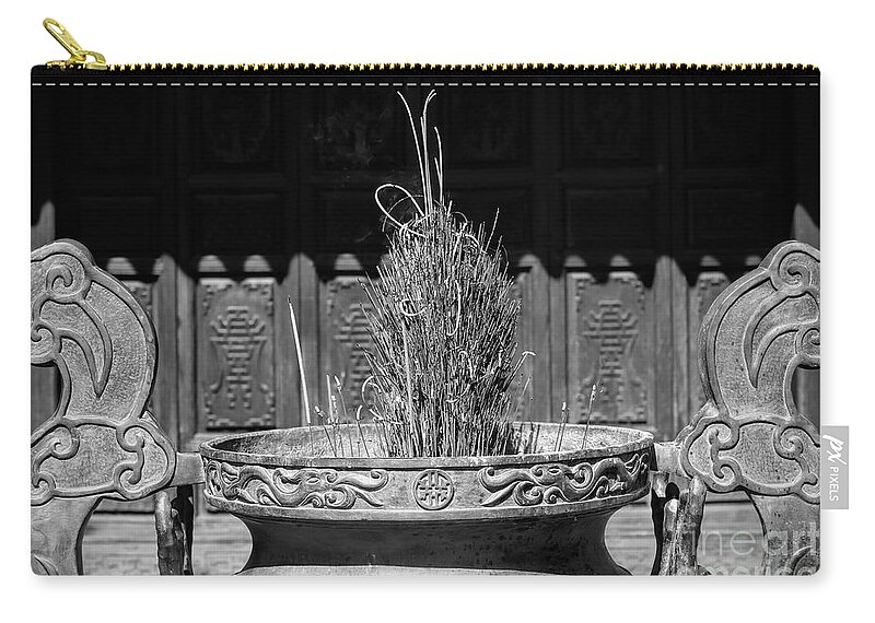 Vietnam Zip Pouch featuring the photograph Simple Vietnam Black White Incense Burn by Chuck Kuhn