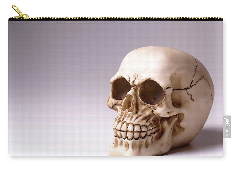 Shadow Zip Pouch featuring the photograph Skull With Copy Space by Peter Dazeley
