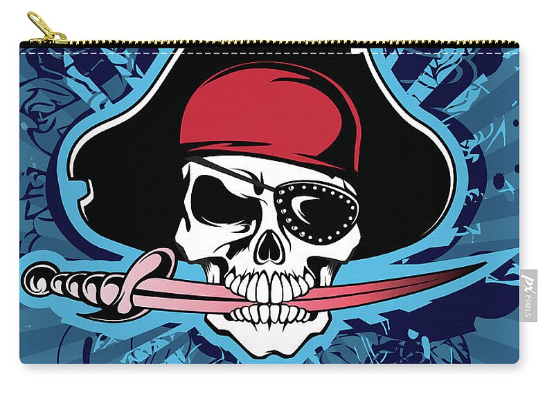 Biting Zip Pouch featuring the digital art Skull With Pirates Hat, Eyepatch And by New Vision Technologies Inc