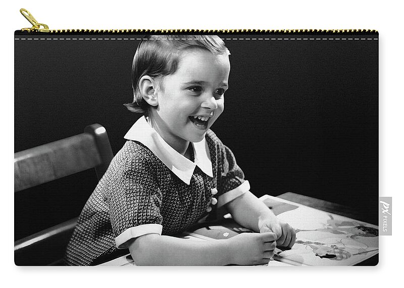 Child Zip Pouch featuring the photograph Smiling Young Girl Reading Book by George Marks