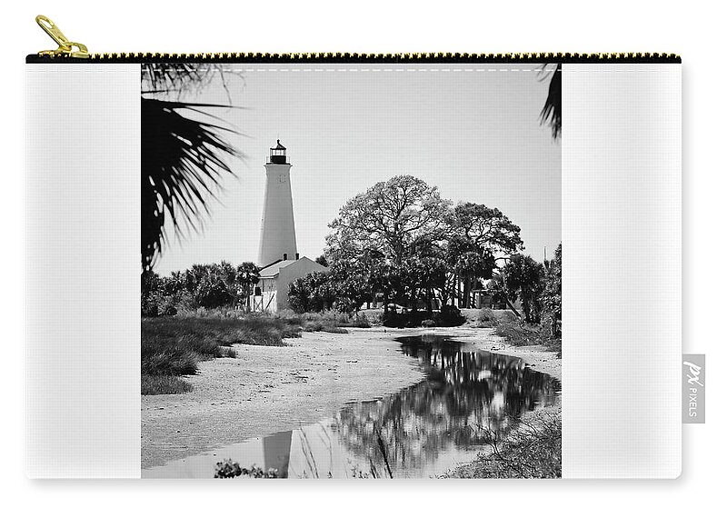 St Marks Lighthouse Zip Pouch featuring the photograph Smooth St Marks Lighthouse Black and White by Carol Groenen