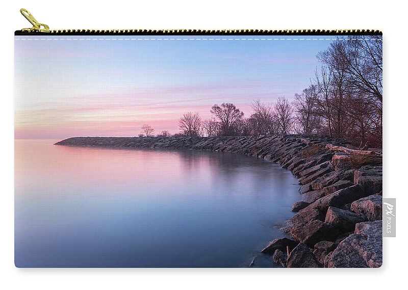 Georgia Mizuleva Zip Pouch featuring the photograph Smoothing the Ripples - Lake Cove Sunrise in Rose Gold Sapphire and Rich Sienna by Georgia Mizuleva