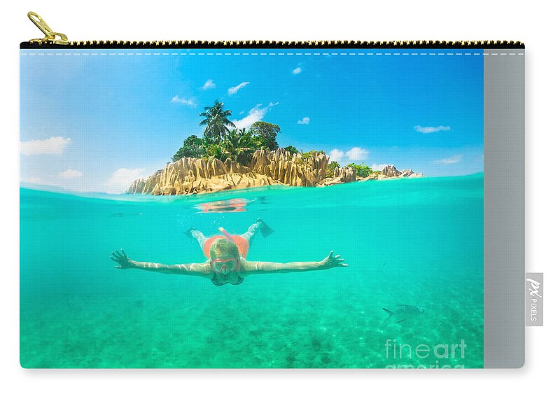 Snorkel Zip Pouch featuring the photograph Snorkel Seychelles split view by Benny Marty