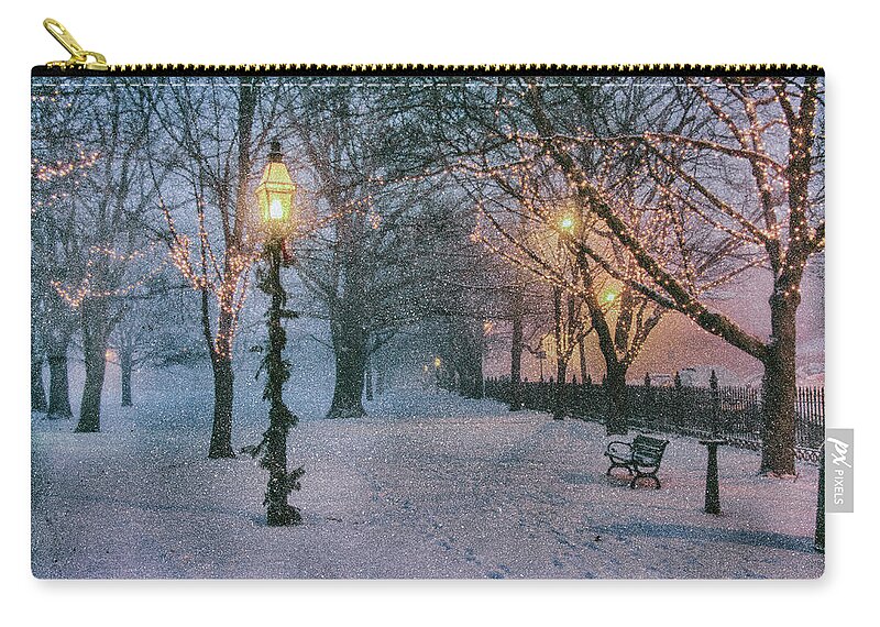 Salem Zip Pouch featuring the photograph Snow falling on Salem path by Jeff Folger