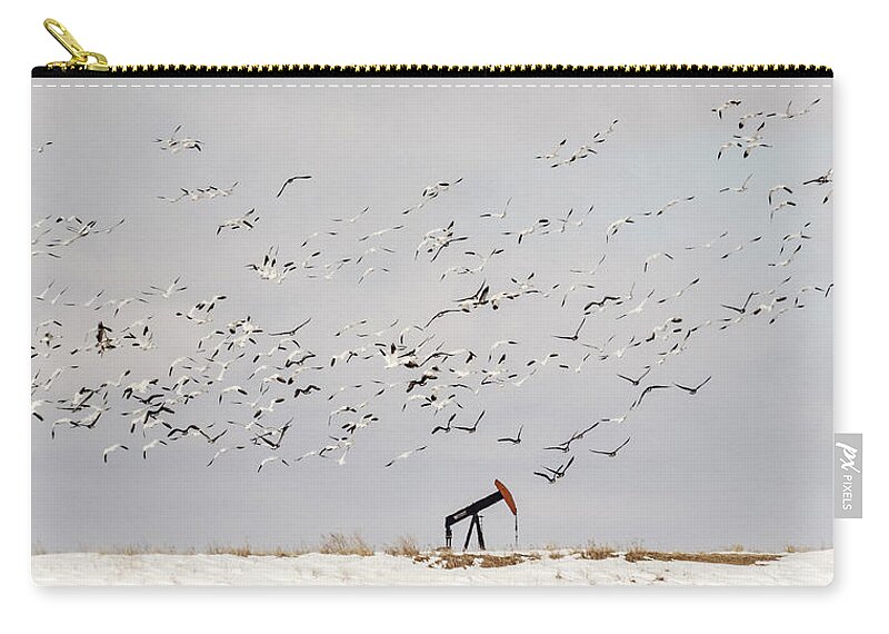Kansas Zip Pouch featuring the photograph Snow Geese over Oil Pump 02 by Rob Graham