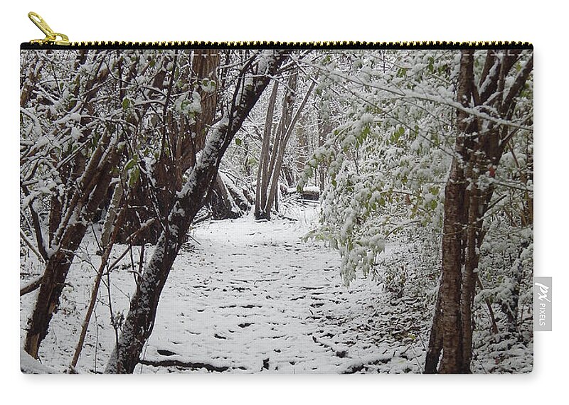 Trail Zip Pouch featuring the photograph Snow In The Woods by Phil Perkins