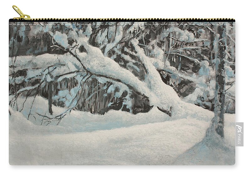 Winter Landscape Zip Pouch featuring the painting Snow Scene in the Forest by Hans Egil Saele