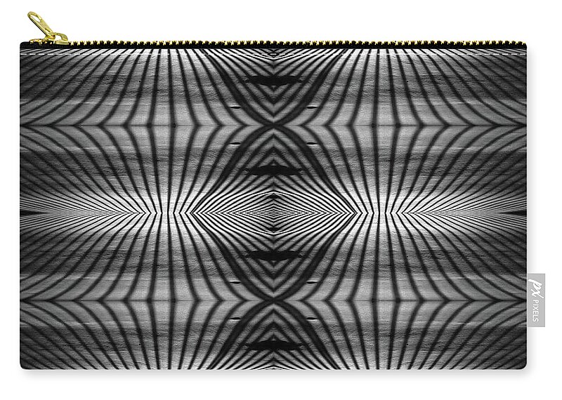 Abstract Mirrored Geometry B&w Black And White Snow Patterns Shapes Modern Vertical Horizontal Carry-all Pouch featuring the photograph Snow Shadows - Abstract mirrored shadow pattern cast by deck railing on fresh snow at night by Peter Herman