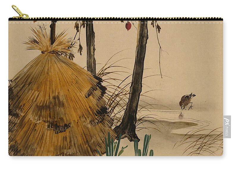 19th Century Art Zip Pouch featuring the painting Snow Shelter for a Tree with Sparrow by Shibata Zeshin