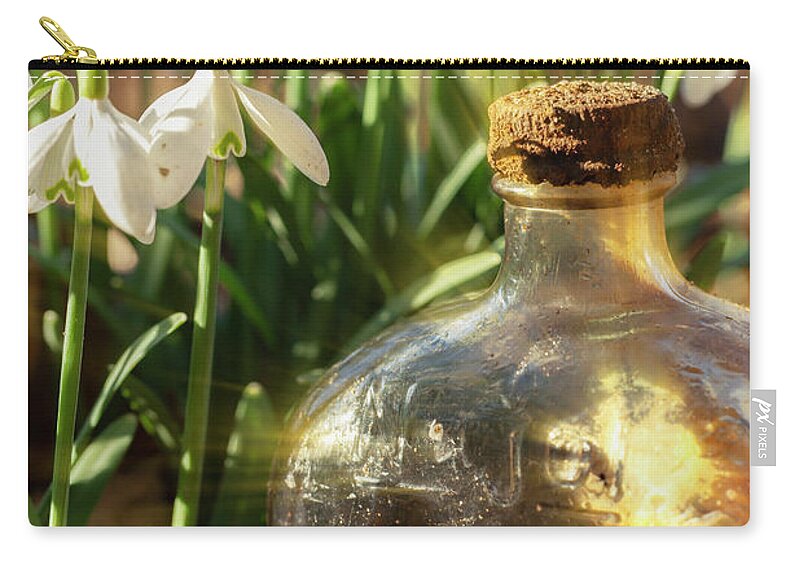 Snowdrops Zip Pouch featuring the photograph Snowdrop flowers and old glass jar with sunlight by Simon Bratt