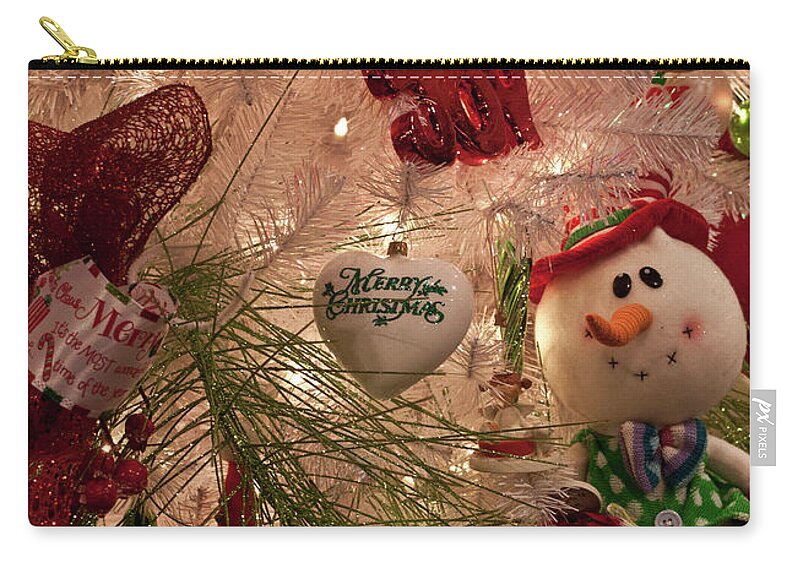 Snowman Zip Pouch featuring the photograph Snowman Christmas Tree by Joann Copeland-Paul