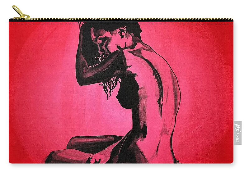 Nude Art Red Sexy Woman Love Lover Beautiful Model Brunette Hair Sitting Alone Emotion Contrast Beauty Beautiful Zip Pouch featuring the painting So In Love by Sergio Gutierrez