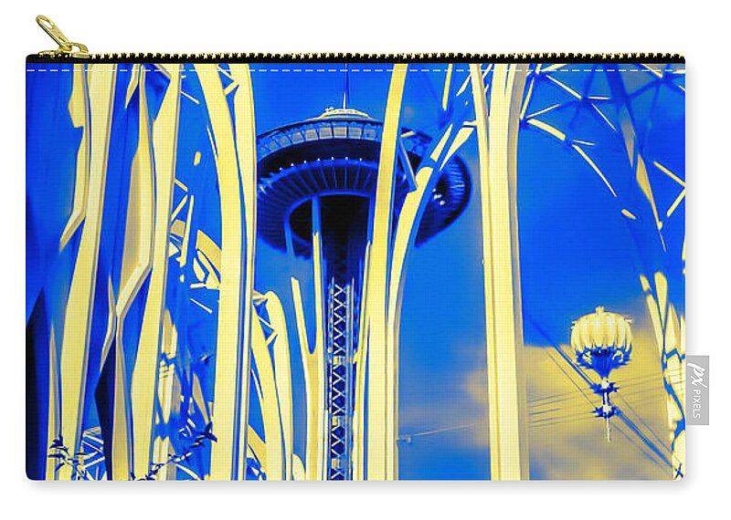 Space Needle Zip Pouch featuring the photograph Space Needle Blue and Yellow by Cathy Anderson