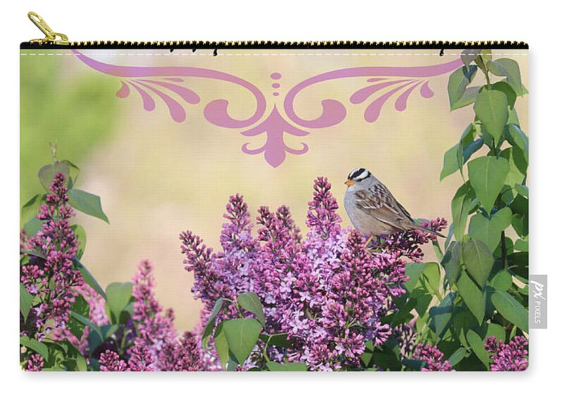 Happy Birthday Zip Pouch featuring the photograph Sparrow in Lilacs Birthday Card by Carol Groenen