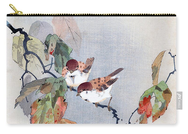 Shoki Zip Pouch featuring the painting Sparrows by Shoki