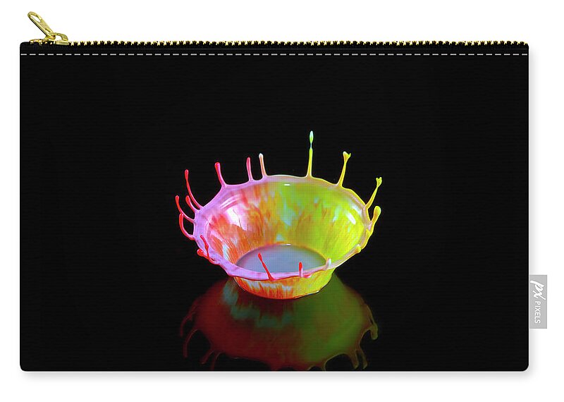 Emergence Zip Pouch featuring the photograph Splash Crown Of Coloured Liquid by Kim Westerskov