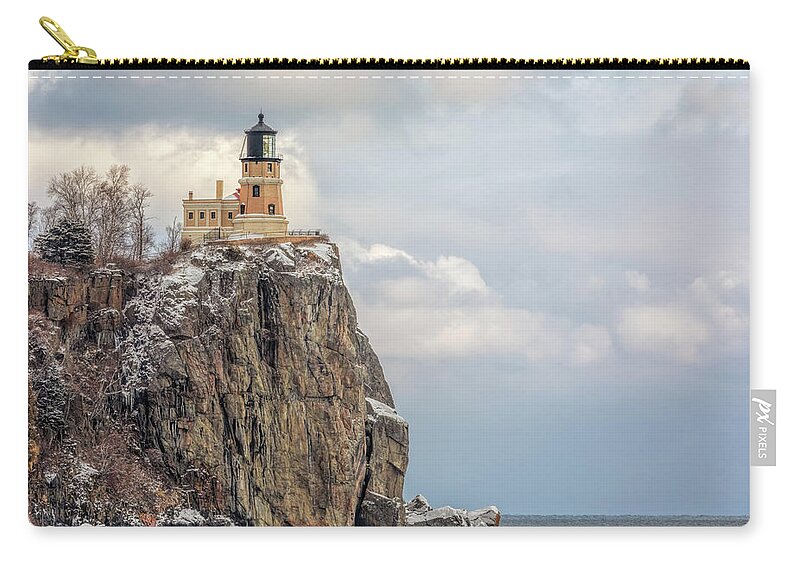 Lighthouse Zip Pouch featuring the photograph Split Rock Lighthouse Lightly Flocked by Susan Rissi Tregoning
