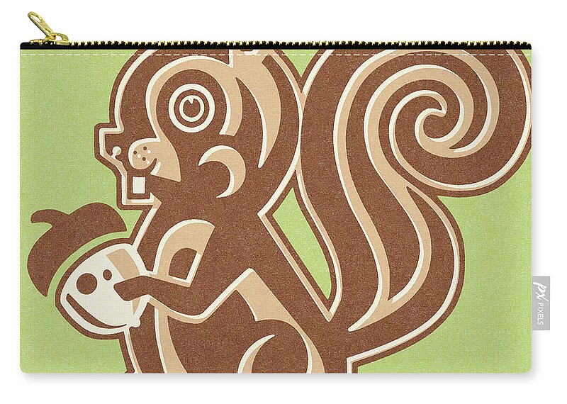 Acorn Zip Pouch featuring the drawing Squirrel Holding Nut on Green Background by CSA Images