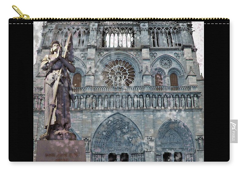 Notre Dame Zip Pouch featuring the mixed media St Joan of Arc Watch Over Notre Dame by Joan Stratton